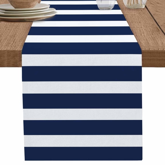 nqOlkjepod Navy Blue Stripe Table Runner 60 Inches Long Farmhouse Dress Scarves, Modern Simple Geometric White Striped Dining Tablerunner for Coffee Table/Kitchen Island/Party Décor, 13" x 60"