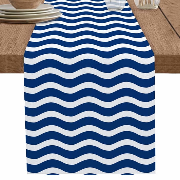 nqOlkjepod Navy Blue White Table Runner 36 Inches Long Farmhouse Dress Scarves, Abstract Waves Water Ripple Striped Dining Tablerunner for Coffee Table/Kitchen Island/Party Décor, Small 13" x 36"