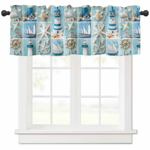 nqOlkjepod Ocean Coastal Farmhouse Short Window Curtain Valances, Nautical Starfish Lighthouse Anchor Ship Rod Pocket Kitchen Valances for Living Room Bedroom Bathroom Cafe, 1 Panel - 42" x 18"