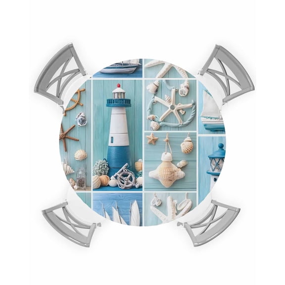nqOlkjepod Ocean Coastal Round Tablecloth, Fitted Table Cover with Elastic for 36"-44" Round Tables, Nautical Starfish Lighthouse Anchor Ship Table Cloth Outdoor Dinning Party Waterproof Tablecloths