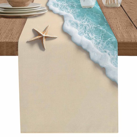 nqOlkjepod Ocean Coastal Table Runner 36 Inches Long Farmhouse Dress Scarves, Brown Beach Starfish Waves Shore Abstract Dining Tablerunner for Coffee Table/Kitchen Island/Party, Small 13" x 36"