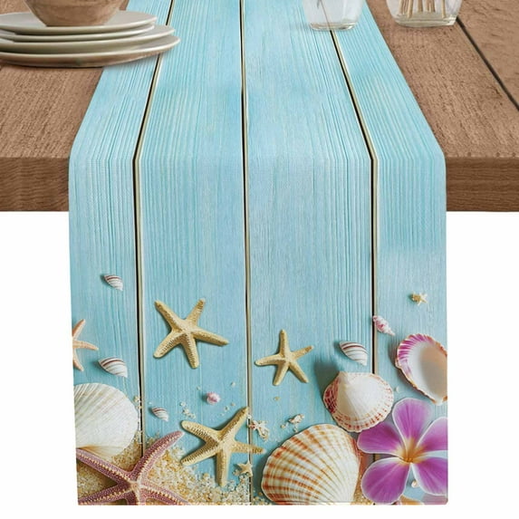 nqOlkjepod Ocean Coastal Table Runner 70 Inches Long Farmhouse Dress Scarves, Blue Wooden Grain Starfish Seashells Floral Dining Tablerunner for Coffee Table/Kitchen Island/Party Décor, 13" x 70"