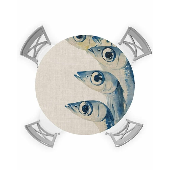 nqOlkjepod Ocean Fish Round Tablecloth, Fitted Table Cover with Elastic for 55"-60" Round Tables, Coastal Blue Watercolor Coastal Monochrome Table Cloth Outdoor Dinning Party Waterproof Tablecloths