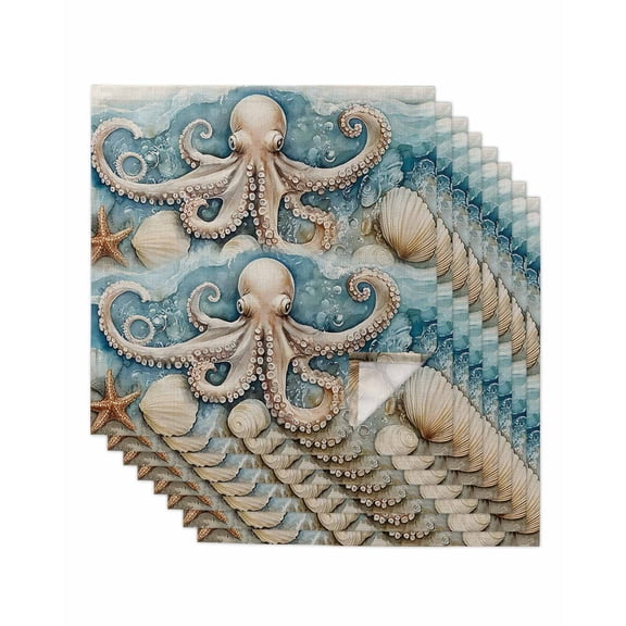 nqOlkjepod Ocean Octopus Cloth Napkins Set of 8 Reusable Dinner Napkins, Coastal Shell Watercolor Nautical Cocktail Napkin Washable Table Napkins for Wedding/Holiday Party/Baby Shower 20"x20"