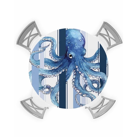 nqOlkjepod Ocean Octopus Round Tablecloth, Fitted Table Cover with Elastic for 36"-44" Round Tables, Watercolor Navy Blue Aqua Stripe Modern Table Cloth Outdoor Dinning Party Waterproof Tablecloths