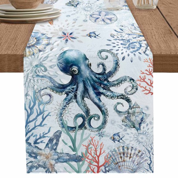 nqOlkjepod Ocean Octopus Table Runner 36 Inches Long Farmhouse Dress Scarves, Summer Coastal Coral Flower Shells Dining Tablerunner for Coffee Table/Kitchen Island/Party DƩcor, Small 13" x 36"