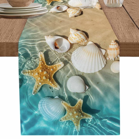 nqOlkjepod Ocean Shell Table Runner 36 Inches Long Farmhouse Dress Scarves, Beach Starfish Sea Water Sand Shore Dining Tablerunner for Coffee Table/Kitchen Island/Party Décor, Small 13" x 36"
