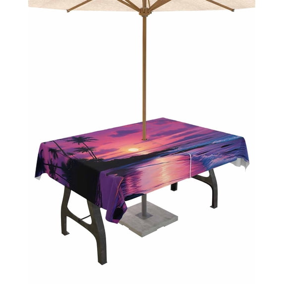 nqOlkjepod Ocean Sunset Outdoor Tablecloth with Umbrella Hole & Zipper, Summer Ocean Scenery Tropical Palm Tree Rectangle Table Cover 60x84 Inch, Dining Waterproof Table Cloth Protector for Patio
