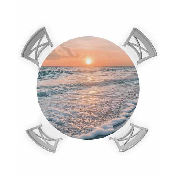 nqOlkjepod Ocean Sunset Round Tablecloth, Fitted Table Cover with Elastic for 36"-44" Round Tables, Summer Beach Shore Sky Sun Scenery Table Cloth Outdoor Indoor Dinning Party Waterproof Tablecloths