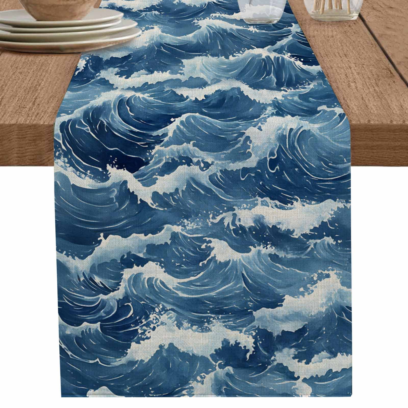 nqOlkjepod Ocean Waves Table Runner 70 Inches Long Farmhouse Dress Scarves, Summer Beach Coastal Nautical Burlap Dining Tablerunner for Coffee Table/Kitchen Island/Party Décor, 13" x 70"