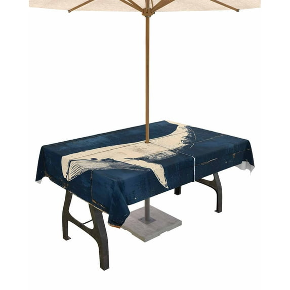 nqOlkjepod Ocean Whale Blue Outdoor Tablecloth with Umbrella Hole & Zipper, Summer Coastal Vintage Wood Grain Rectangle Table Cover 60x102 Inch, Dining Waterproof Table Cloth Protector for Patio