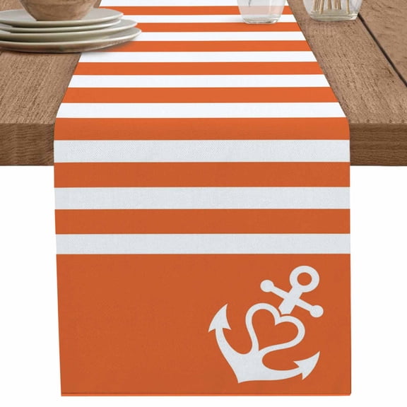 nqOlkjepod Orange Anchor Table Runner 36 Inches Long Farmhouse Dress Scarves, Modern Nautical White Geometric Stripes Dining Tablerunner for Coffee Table/Kitchen Island/Party Décor, Small 13" x 36"