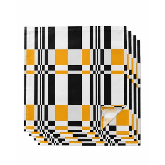 nqOlkjepod Orange Black Geometric Cloth Napkins Set of 4 Reusable Dinner Napkins, Abstract Art Modern Check Plaid Cocktail Napkin Washable Table Napkins for Wedding/Holiday Party/Baby Shower 20"x20"