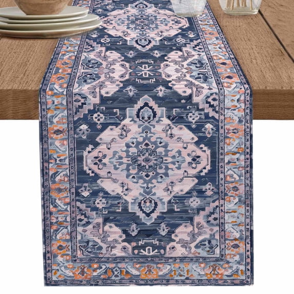 nqOlkjepod Orange Blue Boho Table Runner 72 Inches Long Farmhouse Dress Scarves, Ethnic Geometric Middle Century Art Dining Tablerunner for Coffee Table/Kitchen Island/Party Décor, 18" x 72"