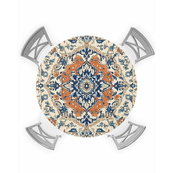nqOlkjepod Orange Blue Ethnic Rustic Round Tablecloth, Fitted Table Cover with Elastic for 55"-60" Round Tables, Boho Southwestern Heritage Table Cloth Outdoor Dinning Party Waterproof Tablecloths