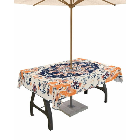 nqOlkjepod Orange Boho Outdoor Tablecloth with Umbrella Hole & Zipper, Vintage Abstract Art Ethnic Tribe Rectangle Table Cover 52x70 Inch, Dining Waterproof Table Cloth Protector for Patio/Party
