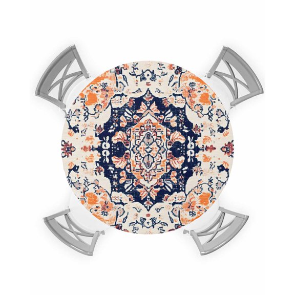 nqOlkjepod Orange Boho Round Tablecloth, Fitted Table Cover with Elastic for 36"-44" Round Tables, Vintage Abstract Art Ethnic Tribe Table Cloth Outdoor Indoor Dinning Party Waterproof Tablecloths
