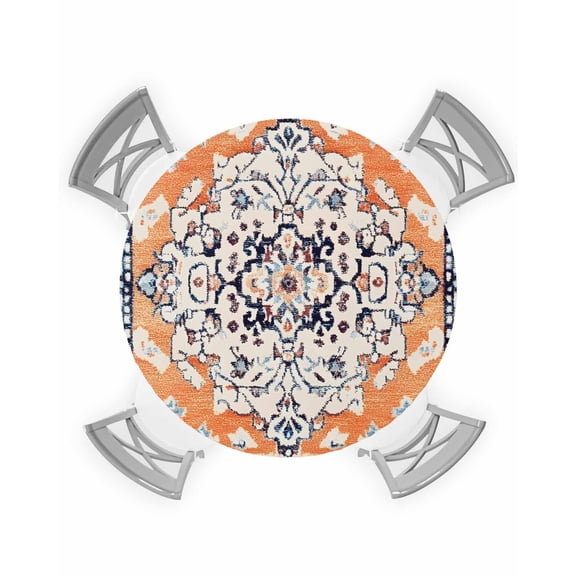 nqOlkjepod Orange Boho Round Tablecloth, Fitted Table Cover with Elastic for 36"-44" Round Tables, Vintage Ethnic Tribe Abstract Art Table Cloth Outdoor Indoor Dinning Party Waterproof Tablecloths