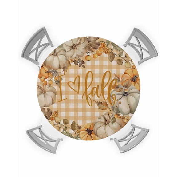 nqOlkjepod Orange Checkered Fall Round Tablecloth, Fitted Table Cover with Elastic for 45"-54" Round Tables, Thanksgiving Pumpkins Wreath Rustic Table Cloth Dinning Party Waterproof Tablecloths