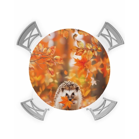 nqOlkjepod Orange Fall Round Tablecloth, Fitted Table Cover with Elastic for 36"-44" Round Tables, Hedgehog Autumn Botanical Thanksgiving Table Cloth Outdoor Dinning Party Waterproof Tablecloths