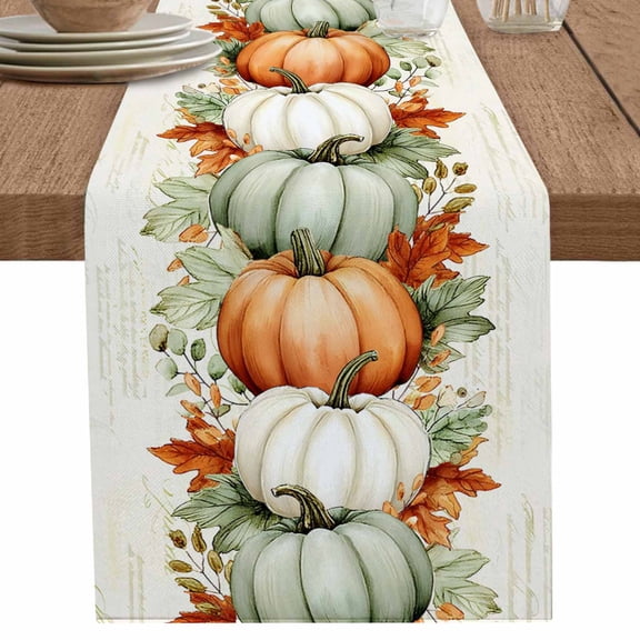 nqOlkjepod Orange Green Grey Fall Table Runner 60 Inches Long Farmhouse Dress Scarves, Botanical Thanksgiving Pumpkins Dining Tablerunner for Coffee Table/Kitchen Island/Party Décor, 13" x 60"