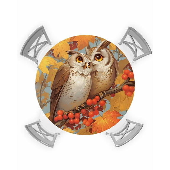 nqOlkjepod Orange Owl Fall Round Tablecloth, Fitted Table Cover with Elastic for 36"-44" Round Tables, Thanksgiving Maple Leaf Botanical Table Cloth Outdoor Dinning Party Waterproof Tablecloths