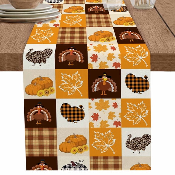 nqOlkjepod Orange Plaid Fall Table Runner 70 Inches Long Farmhouse Dress Scarves, Thanksgiving Pumpkins Maple Leaf Turkey Dining Tablerunner for Coffee Table/Kitchen Island/Party Décor, 13" x 70"