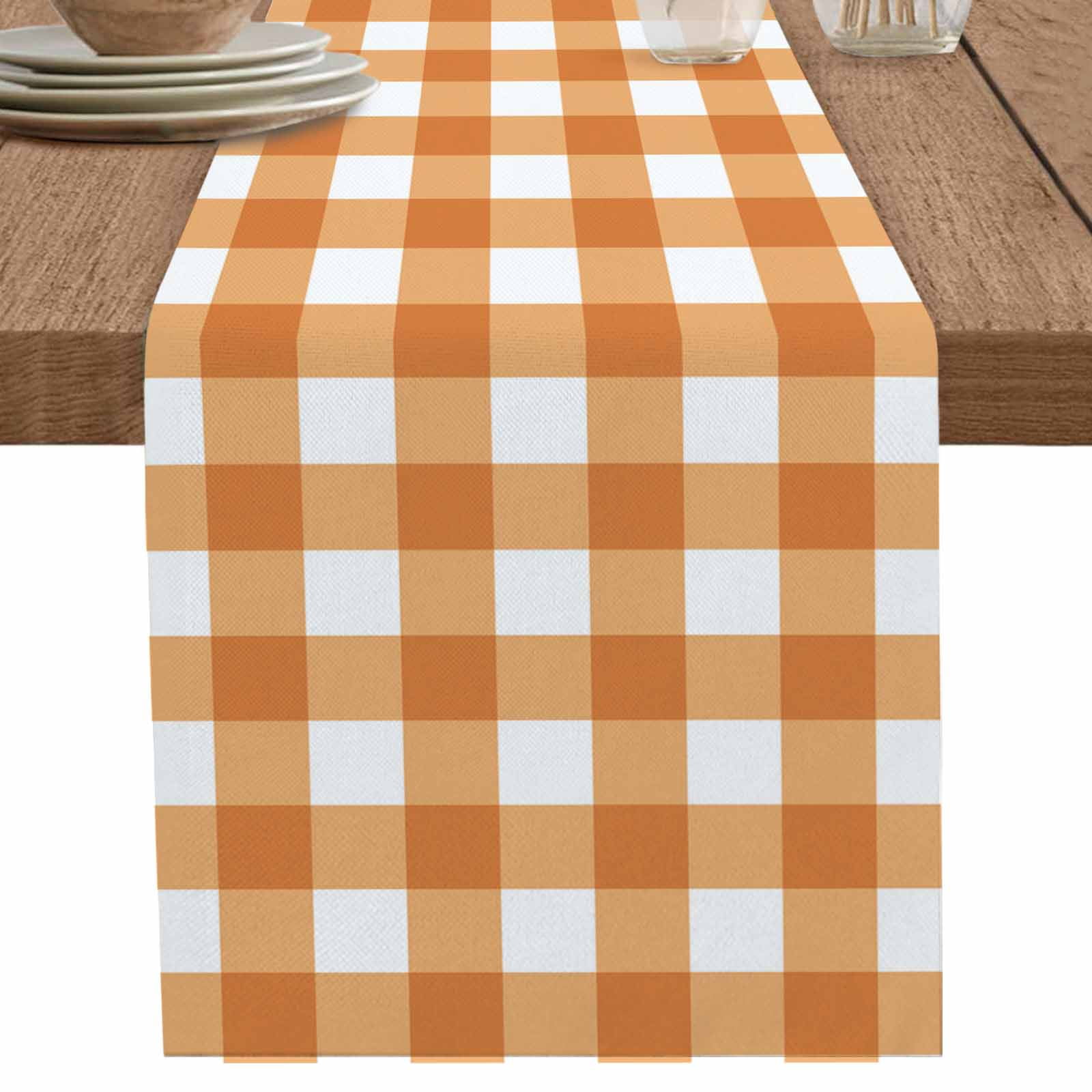 nqOlkjepod Orange Plaid Table Runner 72 Inches Long Farmhouse Dress Scarves, Gradient Geometric Buffalo White Checkered Dining Tablerunner for Coffee Table/Kitchen Island/Party Décor, 13" x 72"