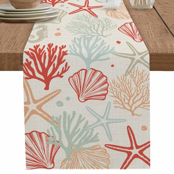 nqOlkjepod Orange Red Coastal Table Runner 108 Inches Long Farmhouse Dress Scarves, Ocean Coral Starfish Shell Seahorse Dining Tablerunner for Coffee Table/Kitchen Island/Party Décor, 13" x 108"