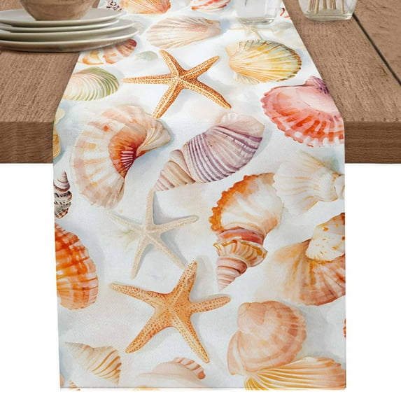 nqOlkjepod Orange Shells Coastal Table Runner 60 Inches Long Farmhouse Dress Scarves, Summer Beach Starfish Watercolor Dining Tablerunner for Coffee Table/Kitchen Island/Party Décor, 13" x 60"
