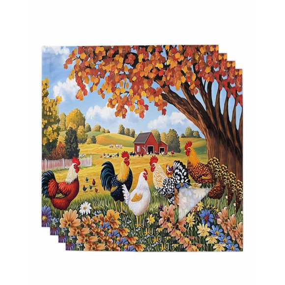 nqOlkjepod Orange Vintage Rooster Cloth Napkins Set of 4 Reusable Dinner Napkins, Farmhouse Animals Spring Floral Cocktail Napkin Washable Table Napkins for Wedding/Holiday Party/Baby Shower 20"x20"