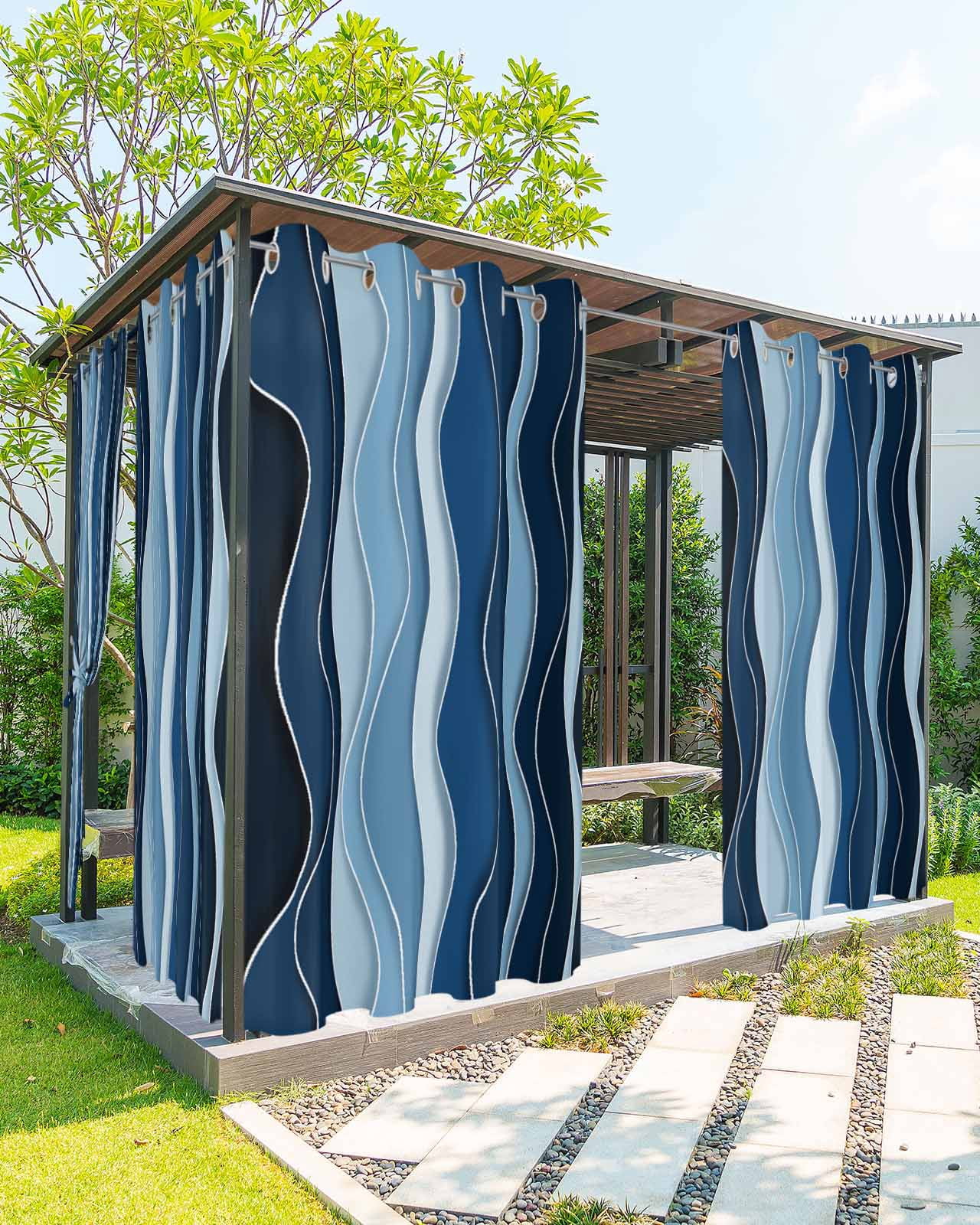 nqOlkjepod Outdoor Curtains for Patio Waterproof, Abstract Blue Moire Outdoor Privacy Panels Grommet, Gradient Coastal Ocean Geometric Waves Blackout Outside Curtains for Porch 54"x95", 2 Panels