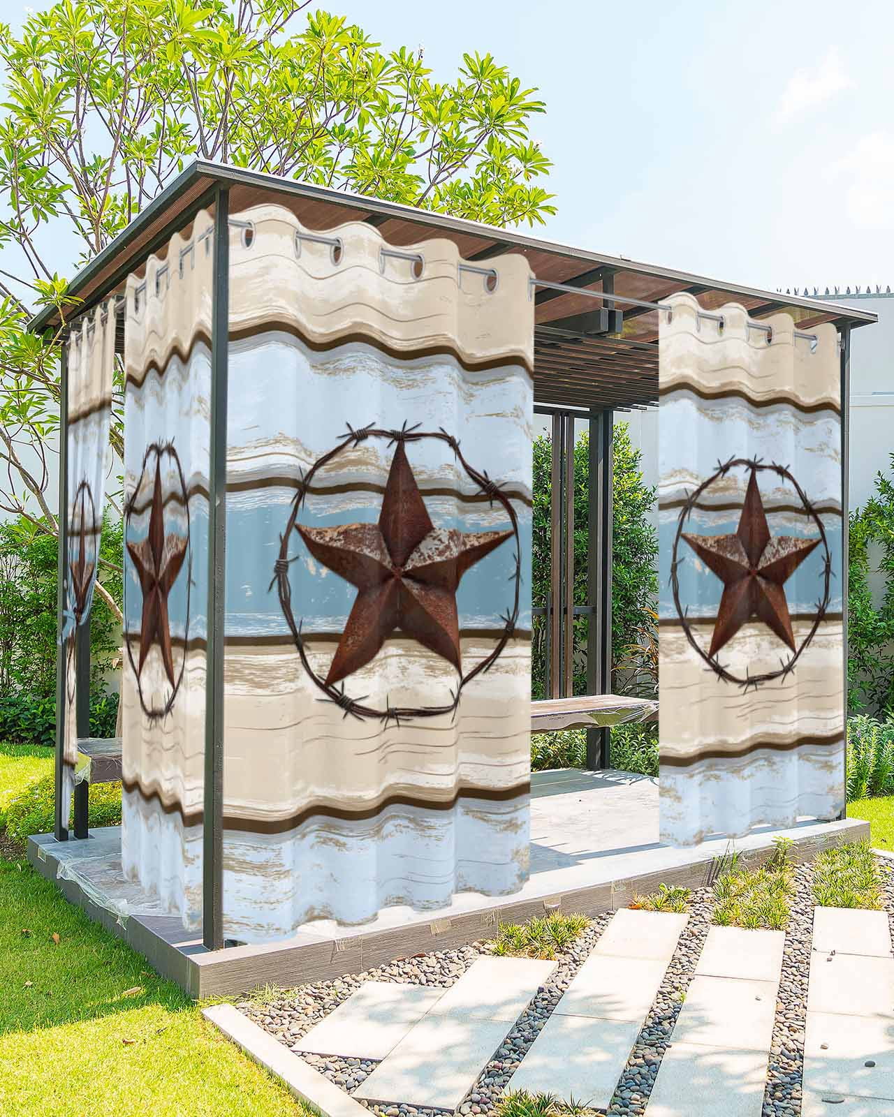 nqOlkjepod Outdoor Curtains for Patio Waterproof, Beige Blue Star Outdoor Privacy Panels Grommet, Texas Star Wooden Retro Blackout Outside Curtains for Porch/Cabana/Pergola/Gazebo 54"x108", 2 Panels