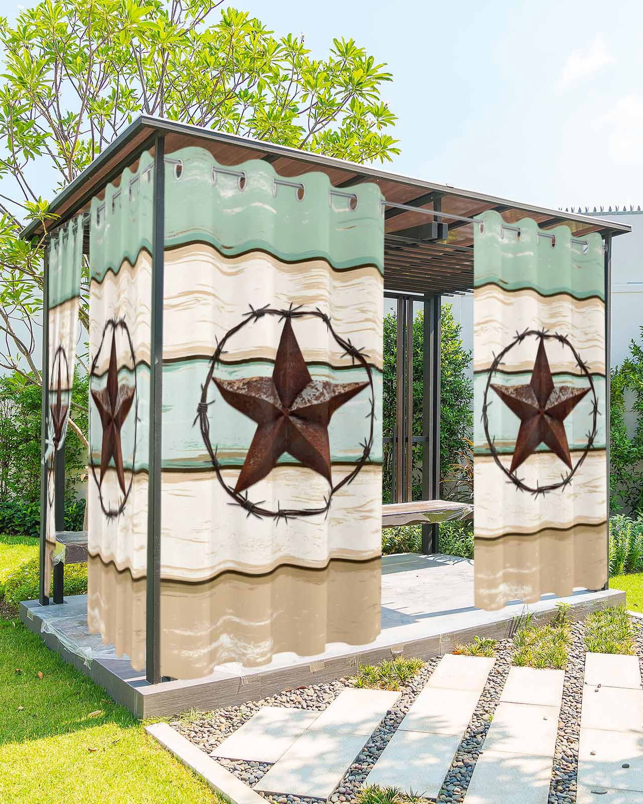 nqOlkjepod Outdoor Curtains for Patio Waterproof, Beige Sage Green Texas Star Outdoor Privacy Panels Grommet, Vintage Stars Wooden Blackout Outside Curtains for Porch/Cabana/Pergola 54"x84", 1 Panel