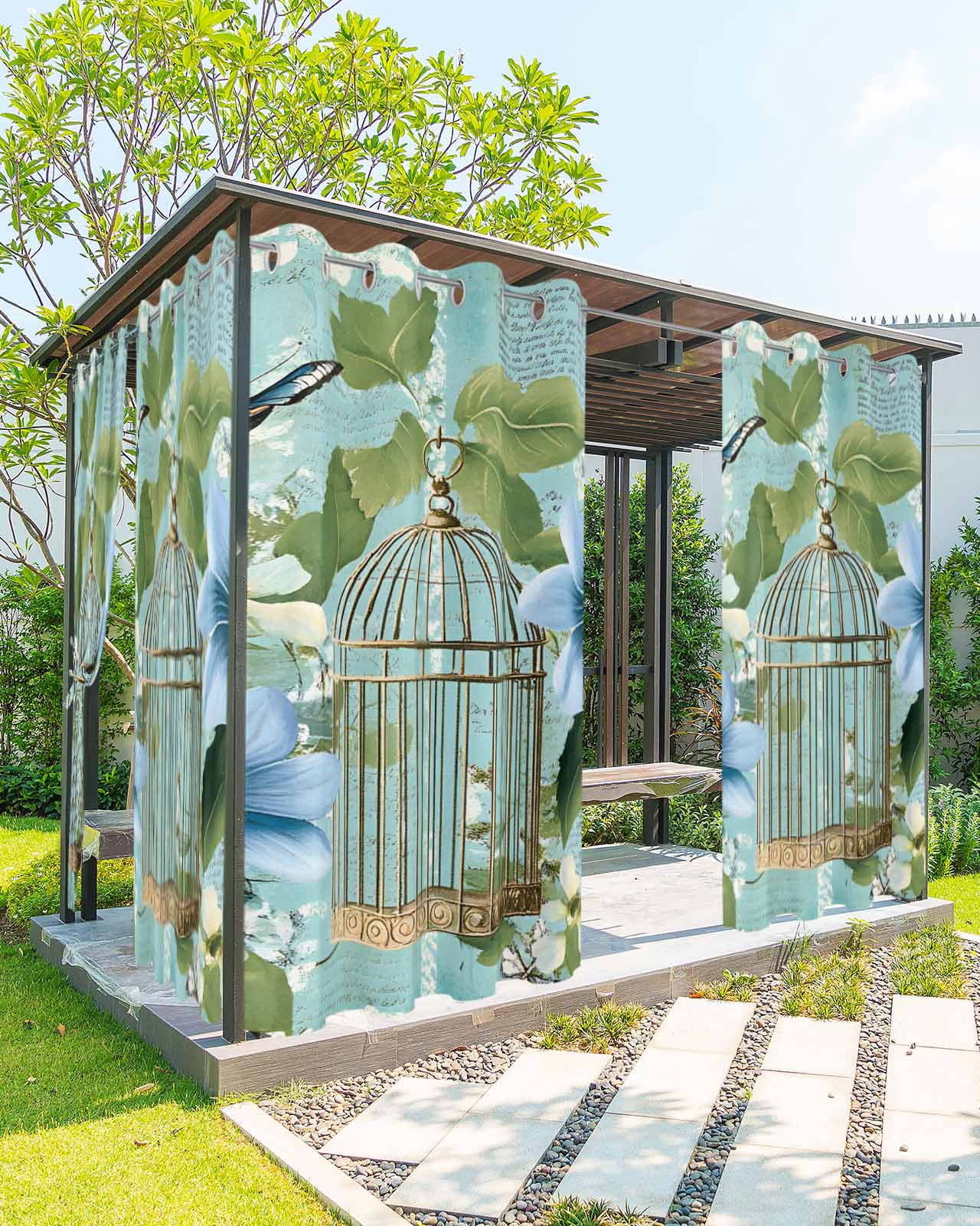 nqOlkjepod Outdoor Curtains for Patio Waterproof, Birds Cage Outdoor Privacy Panels Grommet, Spring Botanical Blue Floral Blackout Outside Curtains for Porch/Cabana/Pergola/Gazebo 54"x95", 2 Panels