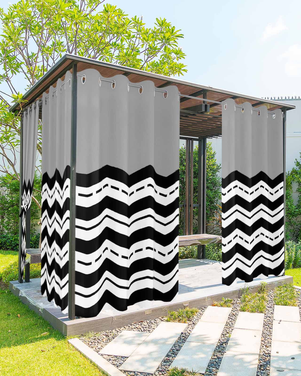 nqOlkjepod Outdoor Curtains for Patio Waterproof, Black Chevron Outdoor  Privacy Panels Grommet, Geometric Grey Print Wavy Striped White Blackout  Outside Curtains for Porch/Cabana 54\, image size:1280x1600