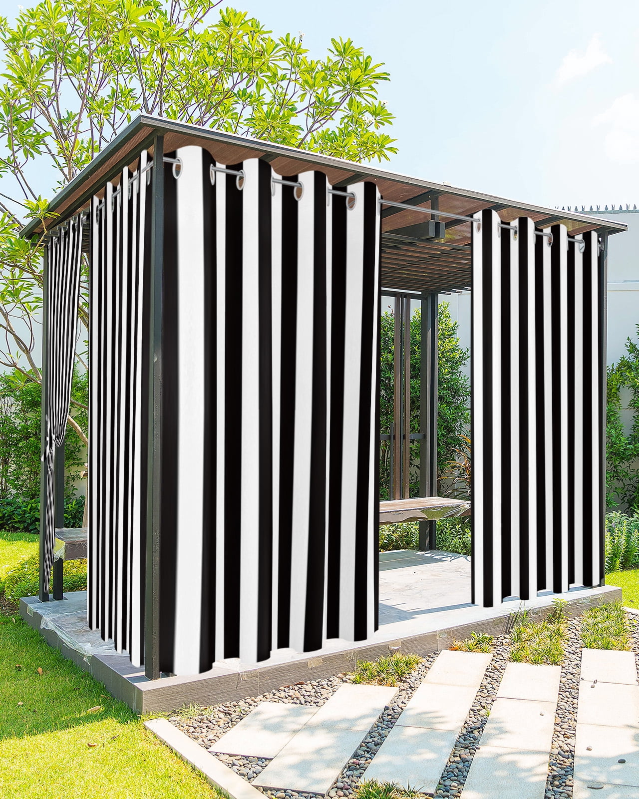 nqOlkjepod Outdoor Curtains for Patio Waterproof, Black Striped Outdoor Privacy Panels Grommet, Modern Farmhouse Black White Stripes Blackout Outside Curtains for Porch/Cabana 54"x95", 2 Panels