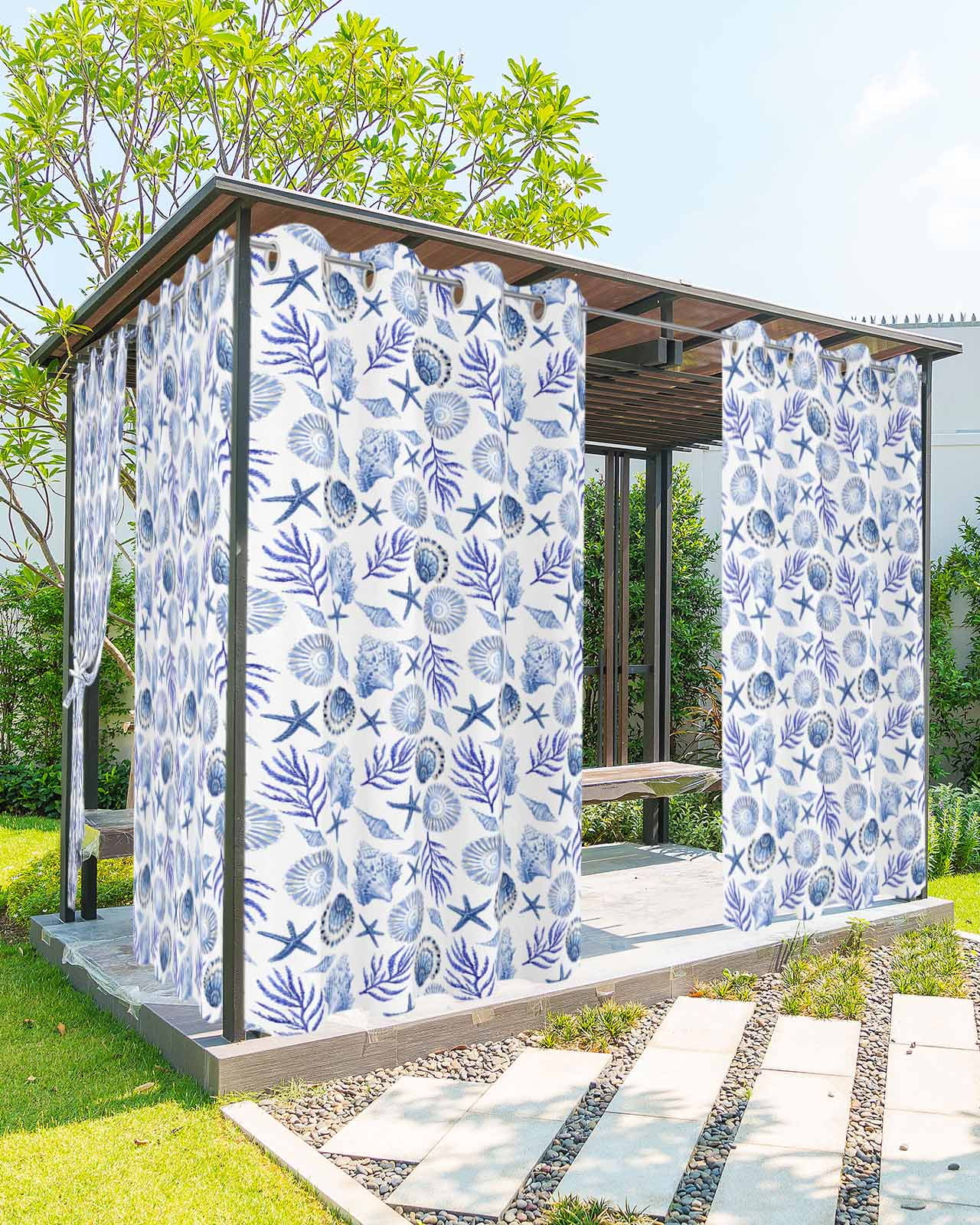 nqOlkjepod Outdoor Curtains for Patio Waterproof, Blue Beach Conch ...
