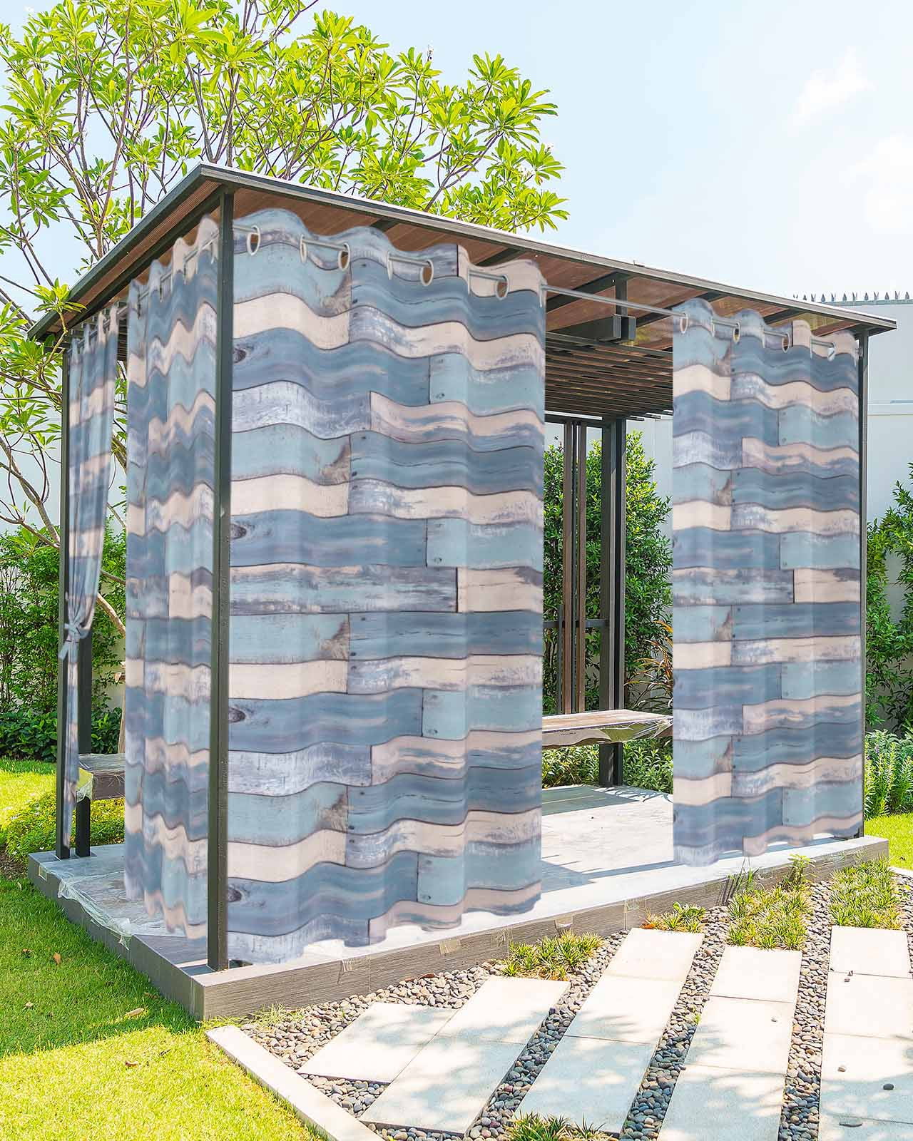 nqOlkjepod Outdoor Curtains for Patio Waterproof, Blue Beige Wooden Outdoor Privacy Panels Grommet, Farmhouse Vintage Wood Blackout Outside Curtains for Porch/Cabana/Pergola 54"x108", 2 Panels