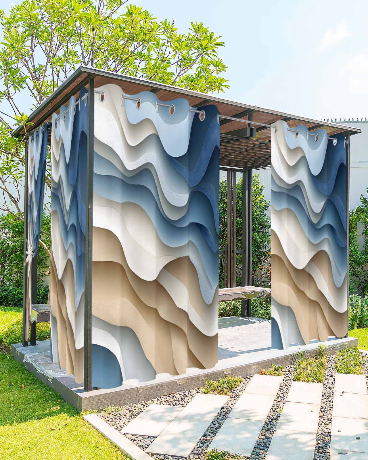 nqOlkjepod Outdoor Curtains for Patio Waterproof, Blue Brown Ombre Outdoor Privacy Panels Grommet, Modern Moire Abstract Geometric Blackout Outside Curtains for Porch/Cabana/Pergola 54"x84", 1 Panel