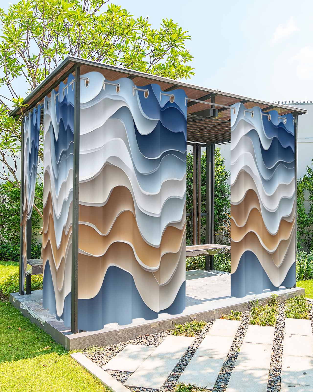 nqOlkjepod Outdoor Curtains for Patio Waterproof, Blue Brown Outdoor Privacy Panels Grommet, Aesthetics Moire Ombre Abstract Geometric Blackout Outside Curtains for Porch/Cabana 54"x84", 1 Panel