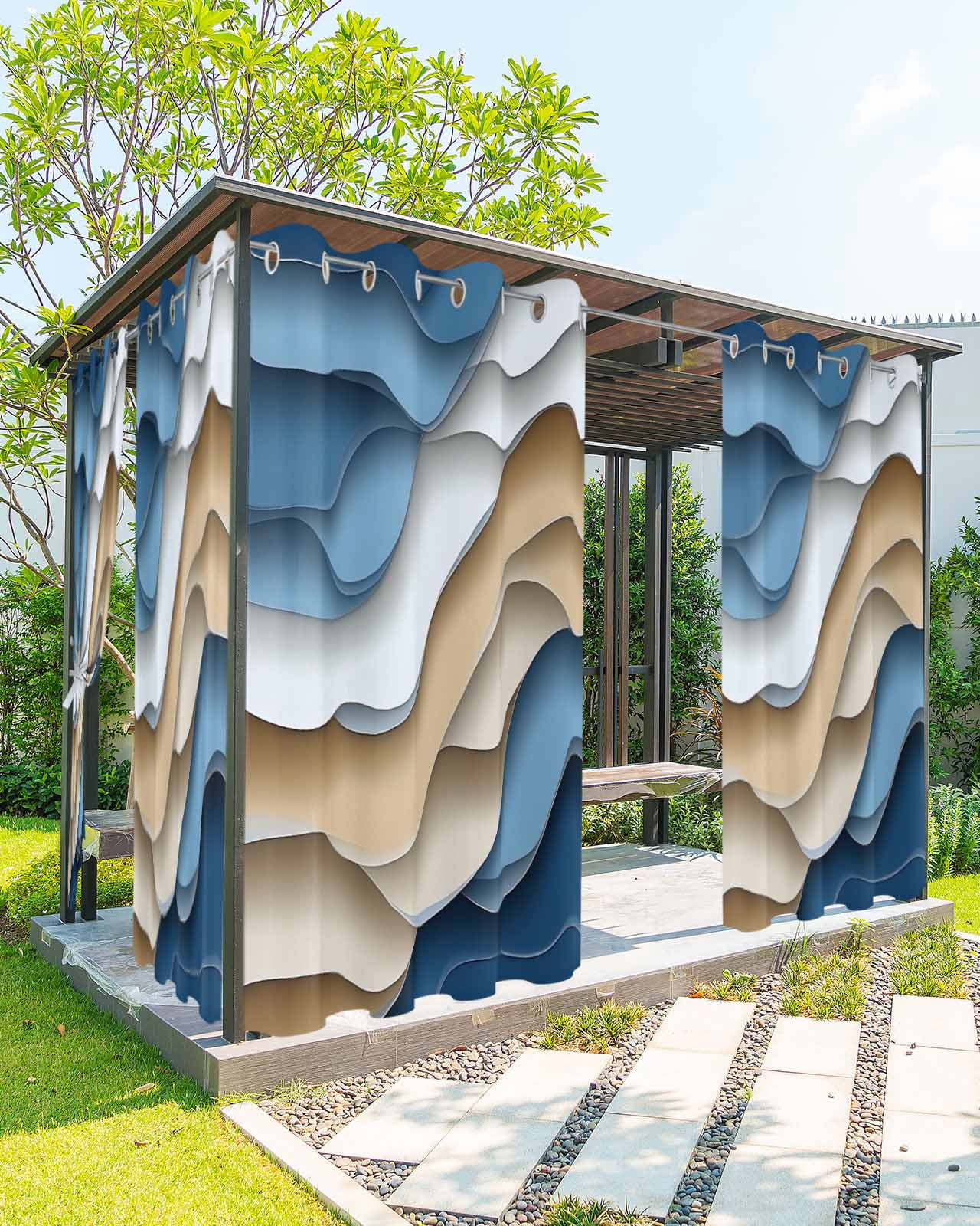 nqOlkjepod Outdoor Curtains for Patio Waterproof, Blue Brown Outdoor Privacy Panels Grommet, Ombre Aesthetics Geometric Moire Art Blackout Outside Curtains for Porch/Cabana/Pergola 54"x84", 1 Panel