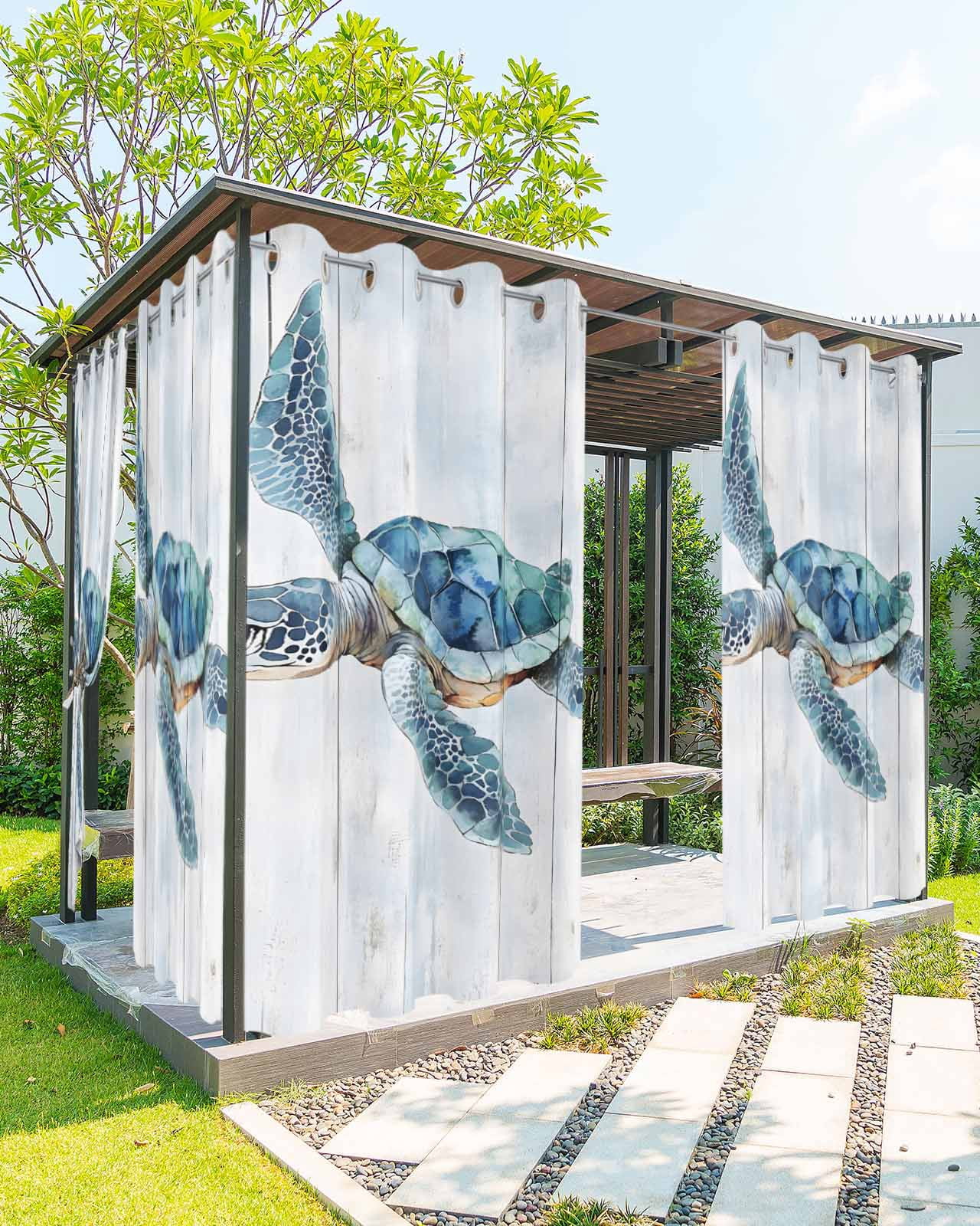 Turtle Panel Railing nqOlkjepod Outdoor Curtains for Patio Waterproof, Blue Coastal Turtle ...