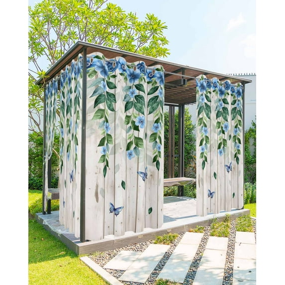 nqOlkjepod Outdoor Curtains for Patio Waterproof, Blue Floral Spring Outdoor Privacy Panels Grommet, Summer Farmhouse Botanical Wooden Blackout Outside Curtains for Porch/Cabana 54"x95", 1 Panel
