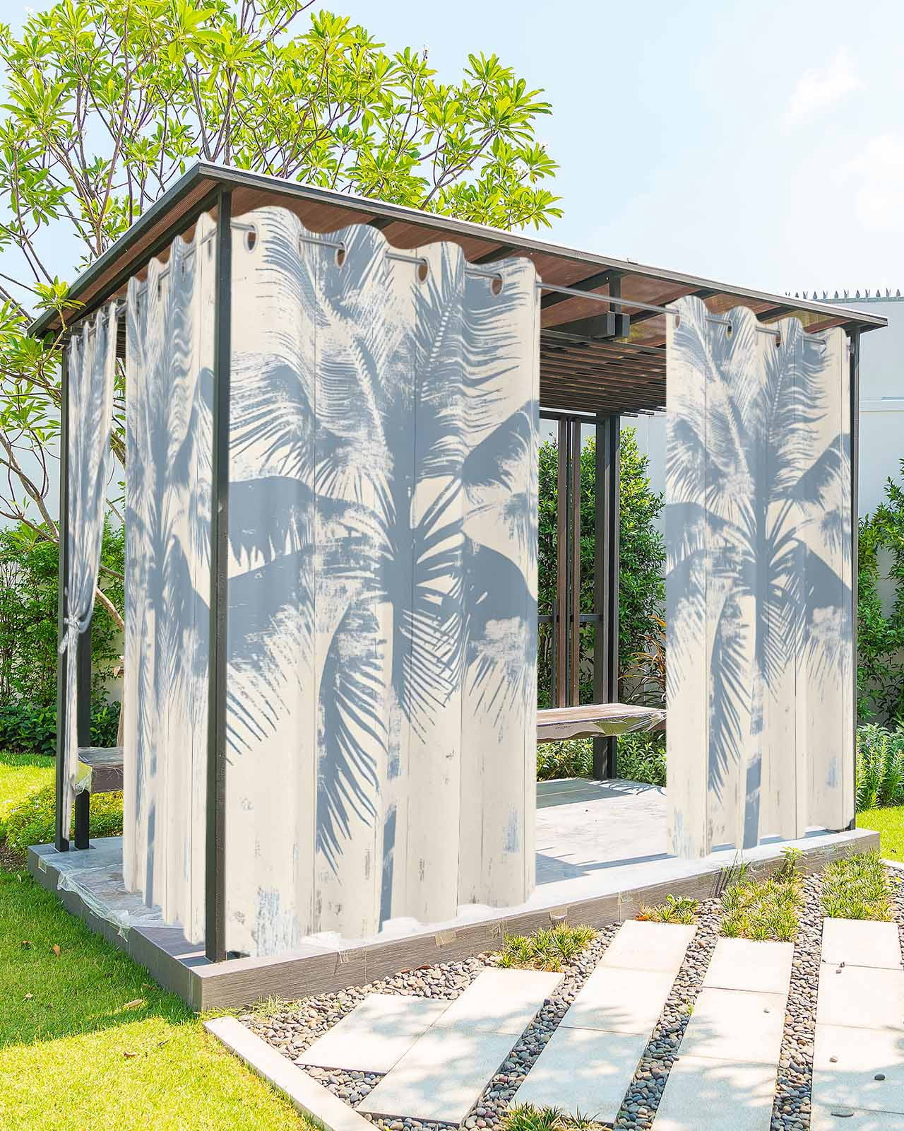 nqOlkjepod Outdoor Curtains for Patio Waterproof, Blue Palm Tree Outdoor Privacy Panels Grommet, Coastal Summer Wooden Blackout Outside Curtains for Porch/Cabana/Pergola/Gazebo 54"x108", 1 Panel