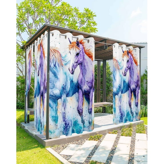 nqOlkjepod Outdoor Curtains for Patio Waterproof, Blue Purple Horse Print Outdoor Privacy Panels Grommet, Abstract Watercolor Animals Blackout Outside Curtains for Porch/Cabana 54"x108", 1 Panel