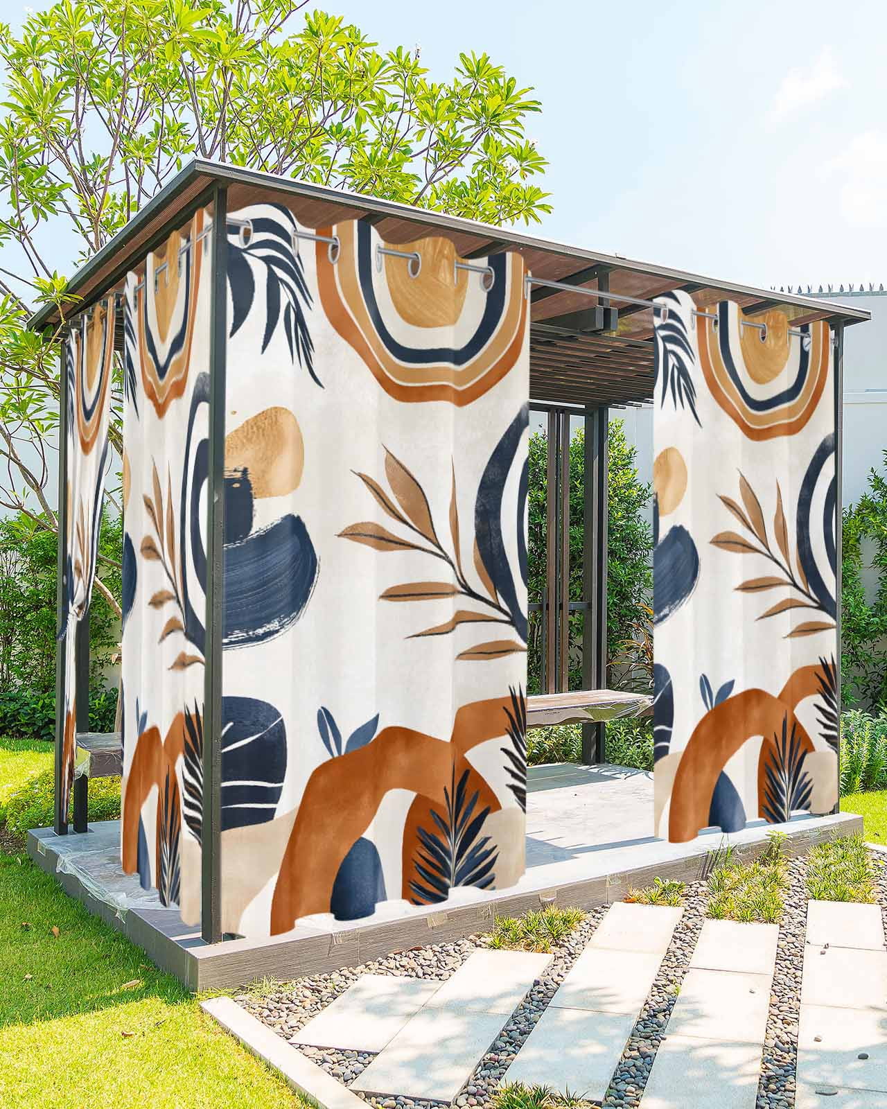nqOlkjepod Outdoor Curtains for Patio Waterproof, Bohemian Outdoor Privacy Panels Grommet, Boho Botanical Palm Leaf Abstract Geometric Blackout Outside Curtains for Porch/Cabana 54"x108", 2 Panels
