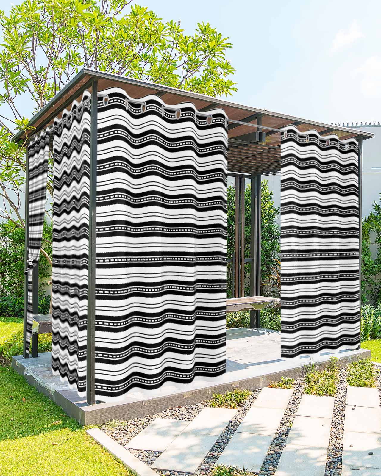 nqOlkjepod Outdoor Curtains for Patio Waterproof, Boho Black Stripe Outdoor Privacy Panels Grommet, Abstract Geometric White Minimalist Blackout Outside Curtains for Porch/Cabana 54"x95", 1 Panel