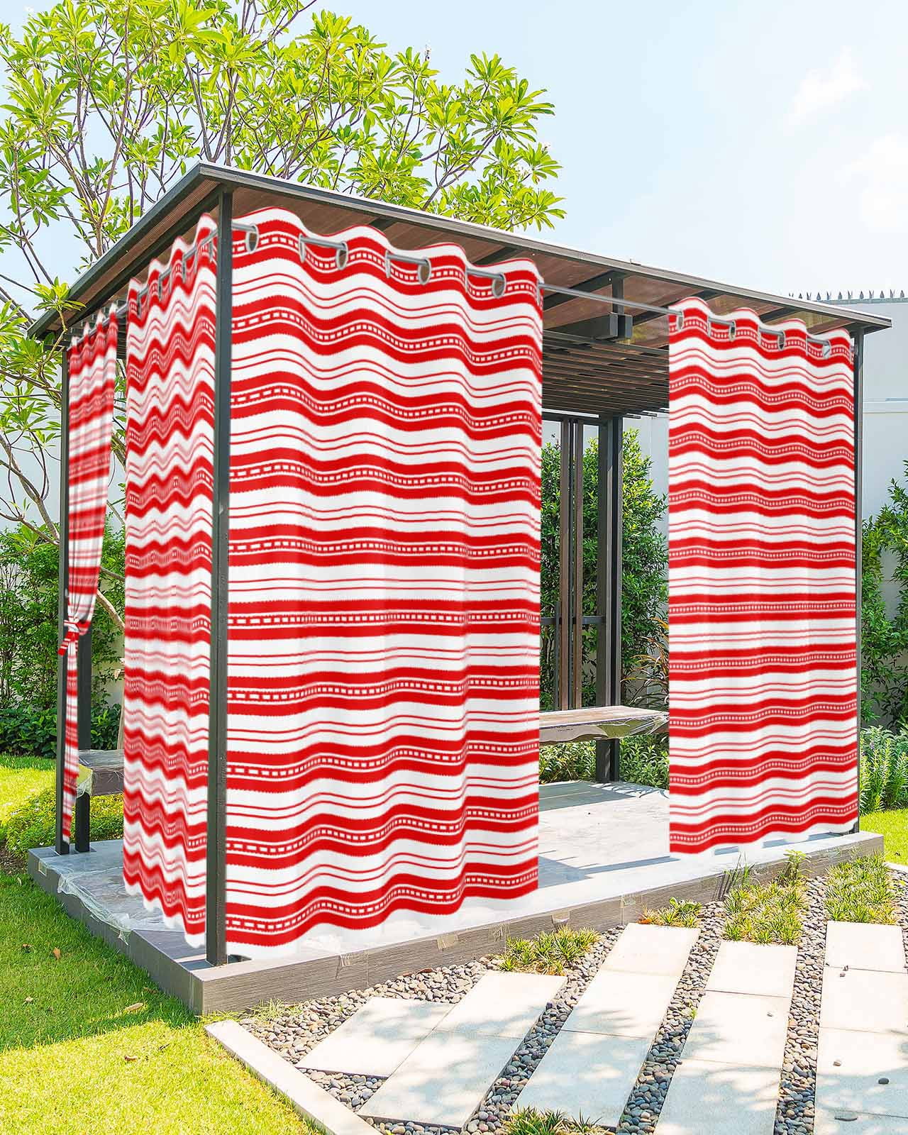 nqOlkjepod Outdoor Curtains for Patio Waterproof, Boho Red Stripe Outdoor Privacy Panels Grommet, Abstract Geometric White Minimalist Blackout Outside Curtains for Porch/Cabana 54"x84", 1 Panel