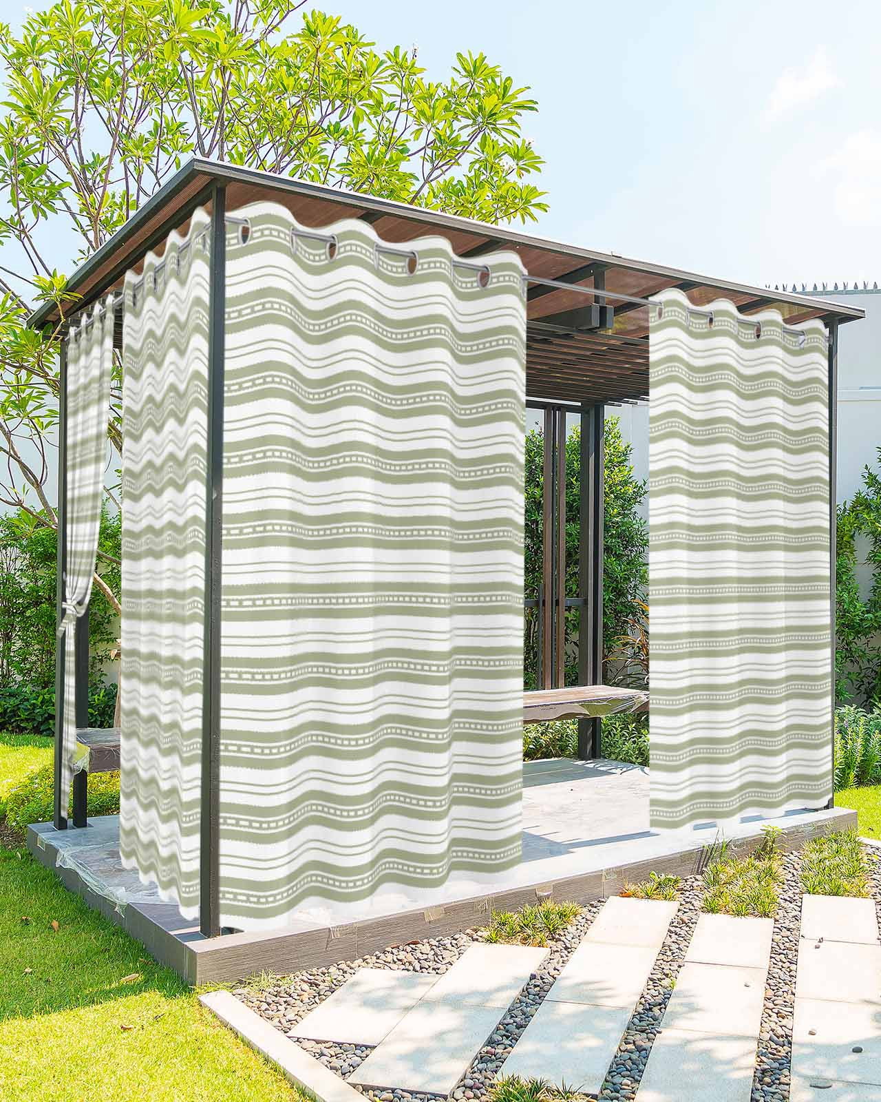 nqOlkjepod Outdoor Curtains for Patio Waterproof, Boho Sage Green Stripe Outdoor Privacy Panels Grommet, Abstract Geometric White Minimalist Blackout Outside Curtains for Porch 54"x108", 1 Panel